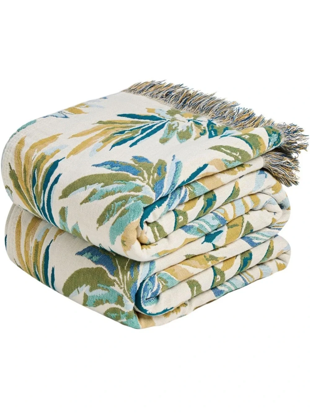 Tropical Palm Jacquard Throw Blanket in Cream, Teal & Olive